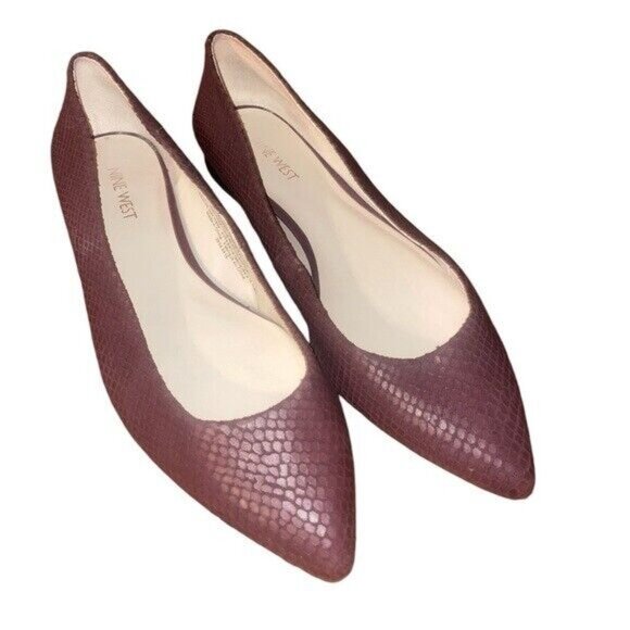 Nine West Onlee Burgundy Leather Pointed Toe Flats Shoes - Picture 1 of 8
